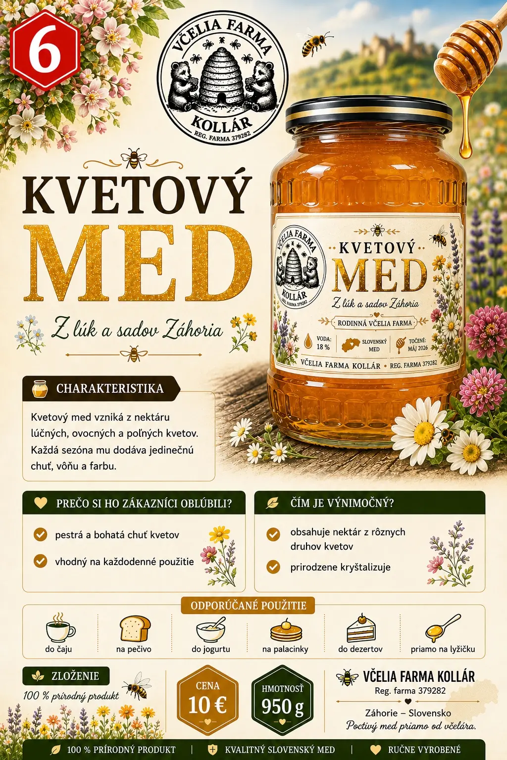 Pohár kvetového medu s etiketou Včelia farma Kollár