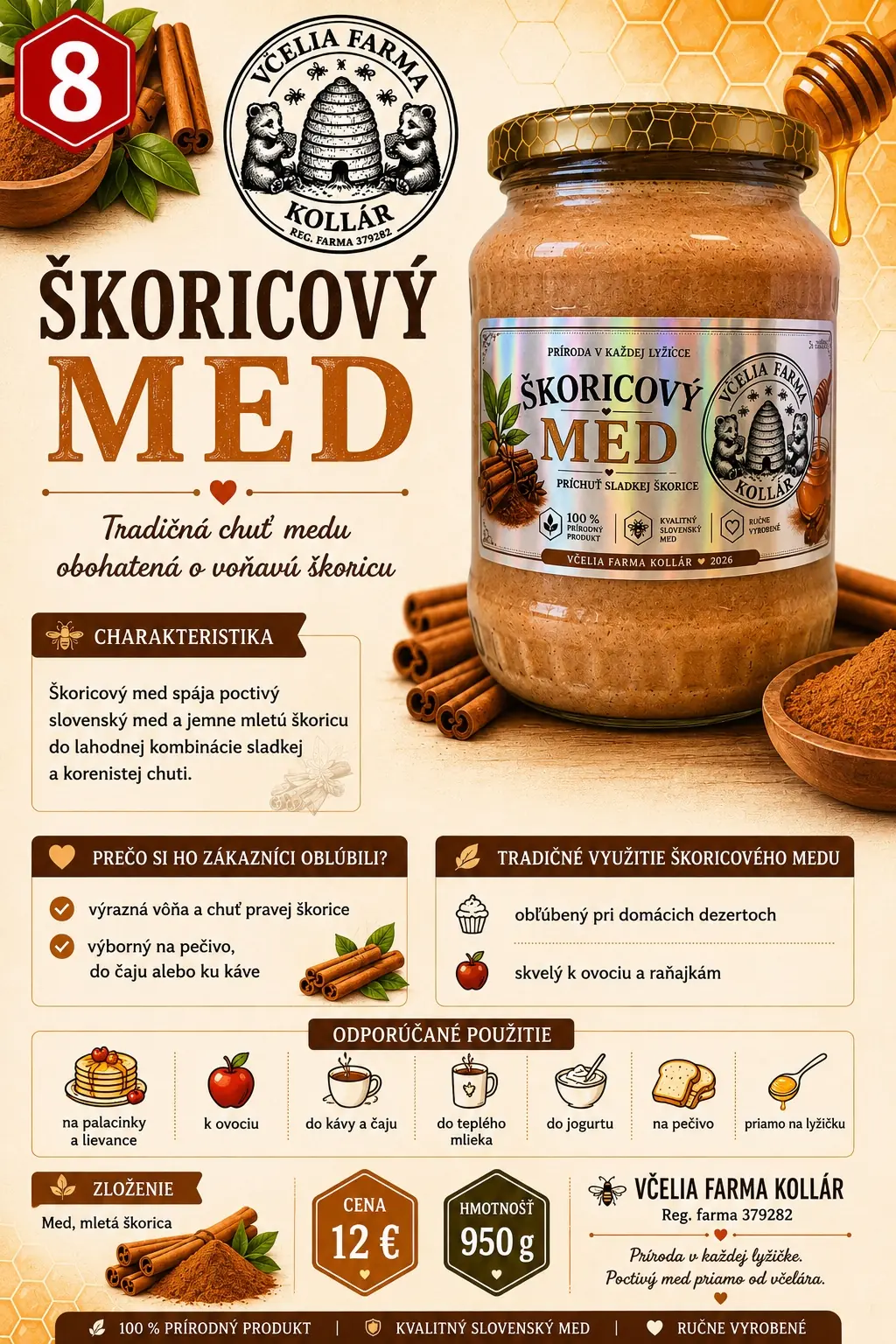 Pohár škoricového medu s etiketou Včelia farma Kollár
